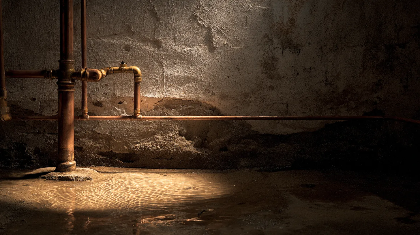 Copper water pipe rising from a wet basement floor along a stone foundation wall