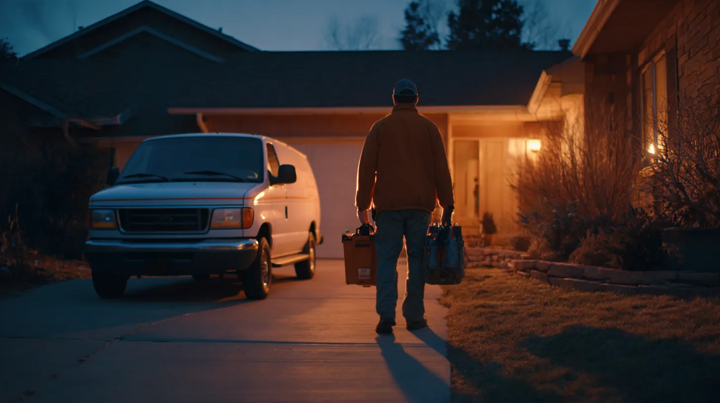 Plumber carrying tool cases up a driveway to a house at dusk, van parked behind him