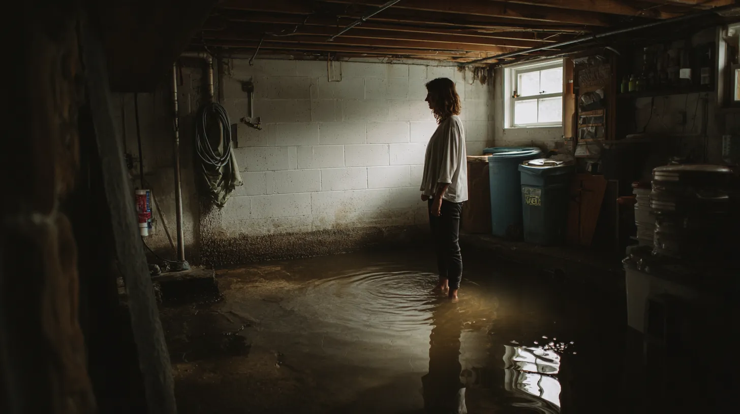 Woman standing in dark water that has flooded her basement