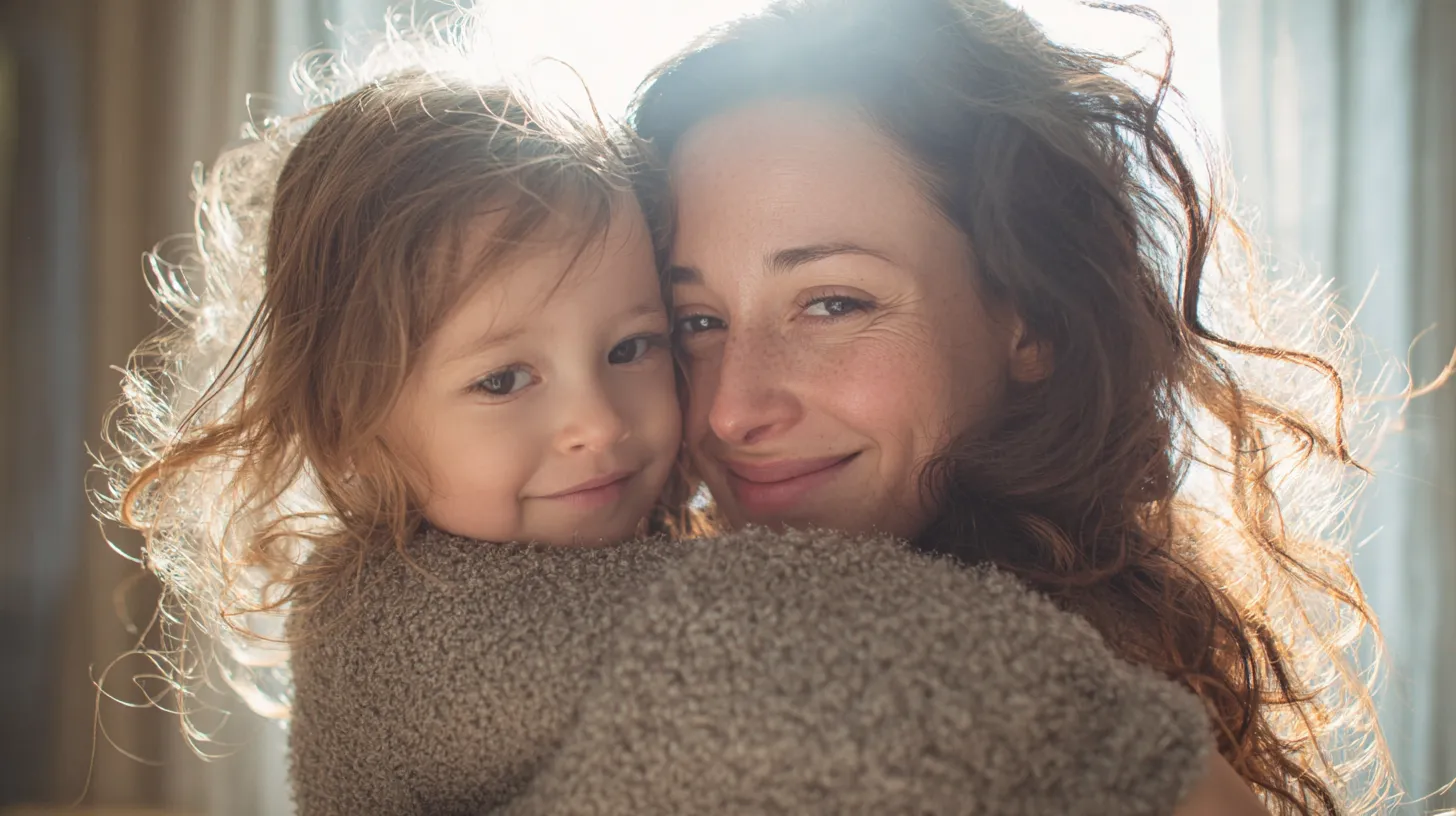 Mother holding her young child at home, relieved and smiling