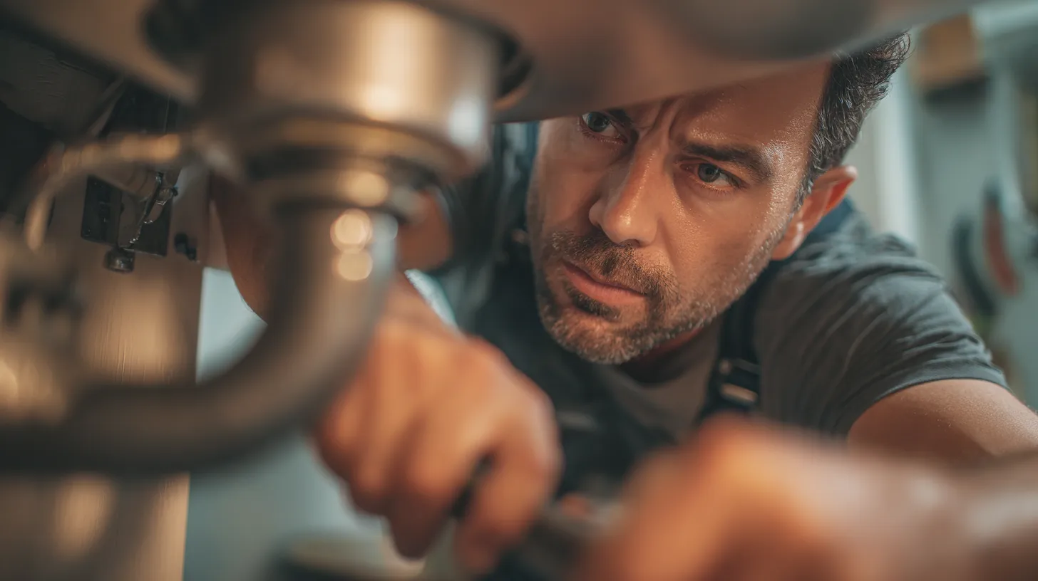 Plumber tightening a drain fitting under a kitchen sink