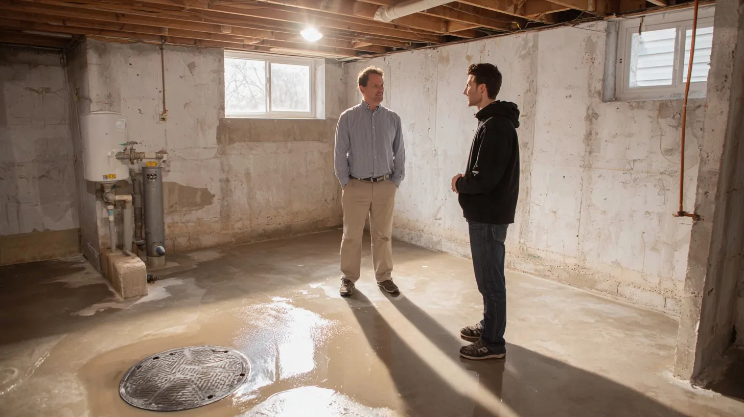 Two men talking in an unfinished basement with a wet concrete floor around a floor drain