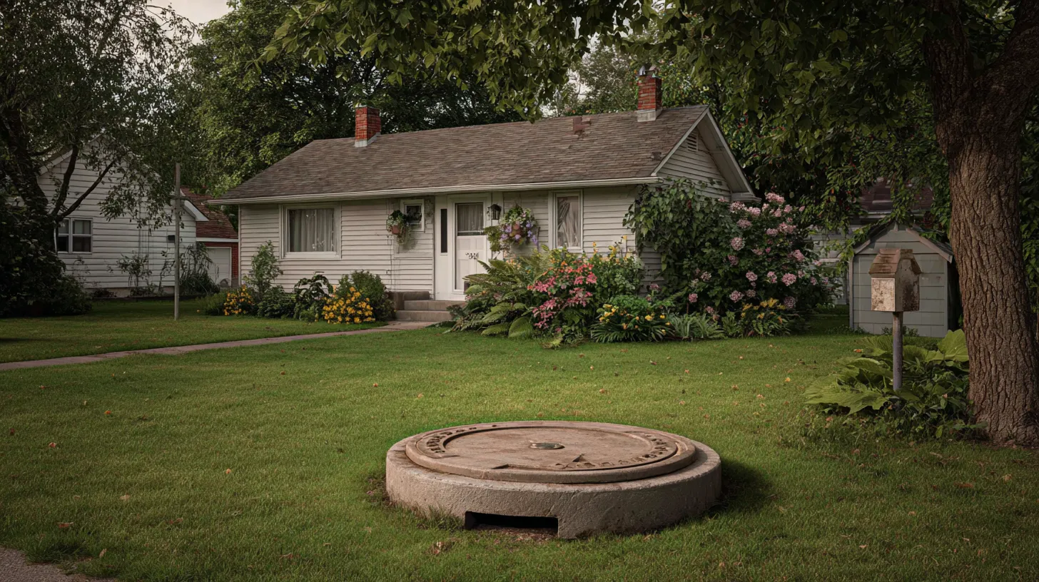 Single-story house with a green front lawn and a round concrete utility cover set in the grass near the street